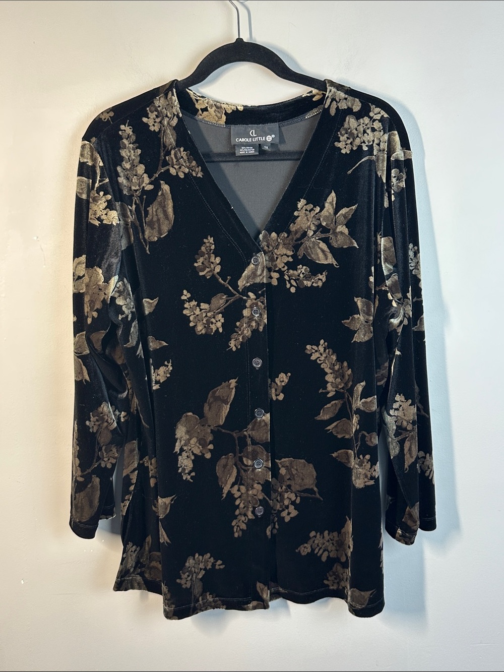 Carole Little Vintage Black Velvet Floral Print Button Down Top Size 1X Witchy